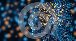 Blue wireframe human head with orange security icons and binary code artificial intelligence