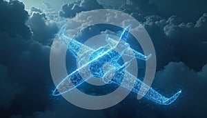 Blue Wireframe Jet Airplane in Clouds