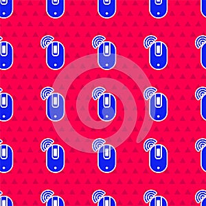 Blue Wireless computer mouse icon isolated seamless pattern on red background. Optical with wheel symbol. Vector