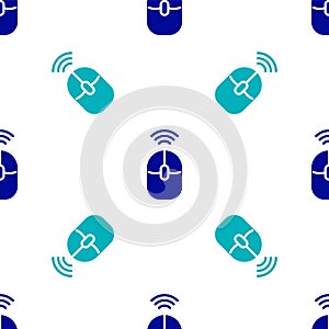 Blue Wireless computer mouse icon isolated seamless pattern on white background. Optical with wheel symbol. Vector
