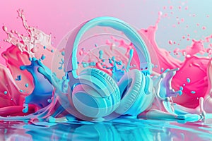 Blue wireless headphones with colorful splashes of oil paint