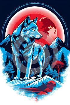 A blue wolf with mountains and red moon, in a nigjt scene, t-shirt print, psychedelic graphic design, animal art, logo