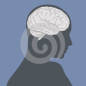Blue woman face silhouette and brain image vector illustration.