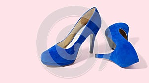 Blue Woman Fashion High Heels Shoes Isolated On Pink Background. Closeup women bright summer footwear. Shopping and Fashion
