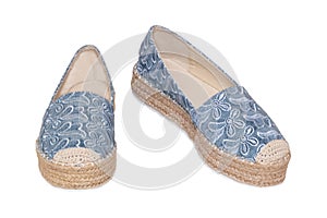 Blue woman shoes isolated. Closeup of a pair blue elegant female shoes for women isolated on a white background. Womens summer