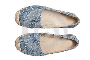 Blue woman shoes isolated. Closeup of a pair blue elegant female shoes for women isolated on a white background. Womens summer