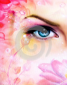 Blue women eye beaming up enchanting from behind a blooming rose lotus flower, with bird on pink abstract background