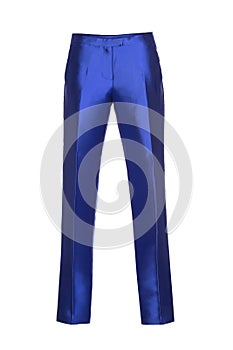 Blue women`s classic pants on white background