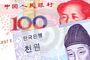 A blue won note from South Korea with a yuan note from the People`s Republic of China