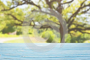 blue wood table top on blur tree and green foliage background
