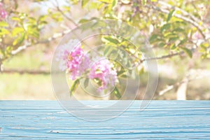blue wood table top on blur trees with pink flowers background