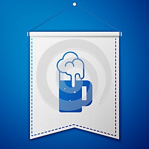 Blue Wooden beer mug icon isolated on blue background. White pennant template. Vector