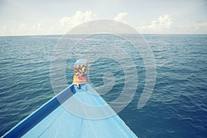 Blue wooden boat cruising over deep sea