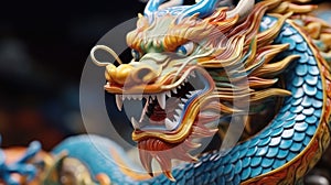 Blue wooden Chinese dragon statuette background. Navy Dragon's face of figurine. Happy Chinese new year 2024