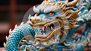 Blue wooden Chinese dragon statuette background. Navy Dragon's face of figurine. Happy Chinese new year 2024