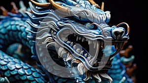 Blue wooden Chinese dragon statuette background. Navy Dragon& x27;s face of figurine. Happy Chinese new year 2024