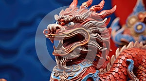 Blue wooden Chinese dragon statuette background. Navy Dragon's face of figurine. Happy Chinese new year 2024