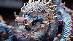 Blue wooden Chinese dragon statuette background. Navy Dragon's face of figurine. Happy Chinese new year 2024