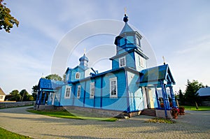 Blue wooden church in Narew, Poland