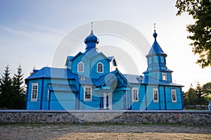 Blue wooden church in Narew, Poland