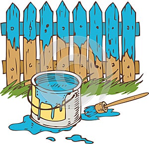 Blue Wooden Fence with Paintbrush and Tin can of Paint