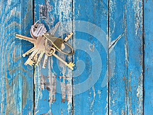 Blue wooden floor top view with key