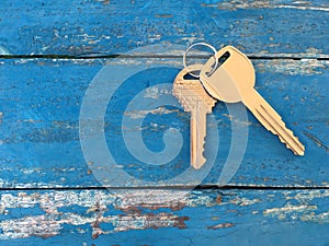 Blue wooden floor top view with key wood background