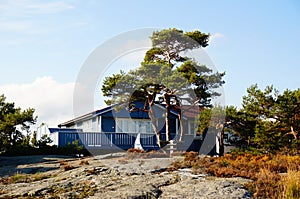 Blue wooden hytte and terrase, Norway