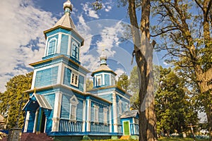 Blue wooden orthodoxy church - Ukraine, Europe.