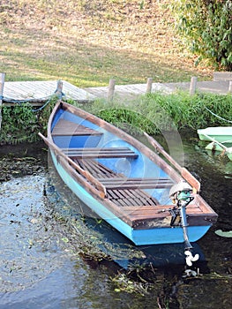 Blue wooden rowboat