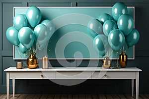 Blue wooden table, colorful balloons, white frame, party mockup