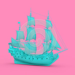 Blue Wooden Vintage Tall Sailing Ship, Caravel, Pirate Ship or Warship in Duotone Style. 3d Rendering
