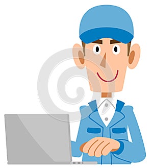 A Blue working clothes man who operate a computer