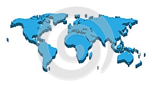 Blue world map in 3D. 3D map of the world with regional boundaries.