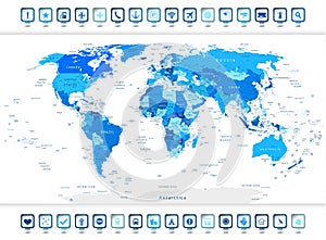 Blue World Map with navigation icons