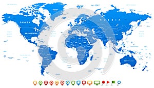 Blue World Map and navigation icons - illustration