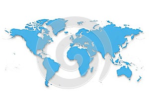 Blue world map with shadows on a white background