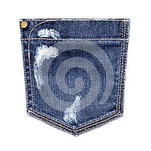 Blue worn jeans pocket white background isolated close up, ripped jeans pocket, dark blue damaged denim pocket, torn jeans pattern