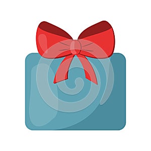 Blue wrapped gift box with big red ribbon bow, vector