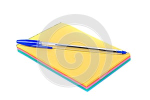Blue writing pen on unlined note pad with rainbow colored tear off pages isolated over white