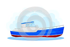 Blue Yacht with Cabin as Water Transport Vector Illustration