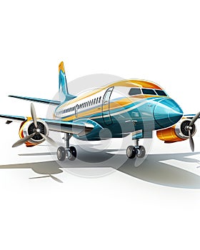 a blue and yellow airplane is on a white background with a shadow. generative ai