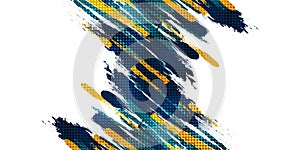 Blue and Yellow Brush Background with Halftone Effect Isolated on White Background. Sport Background with Grunge Style