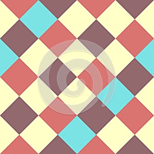 Blue Yellow Burgundy Scarlet Large Diagonal Seamless French Checkered Pattern. Big Inclined Colorful Fabric Check Pattern