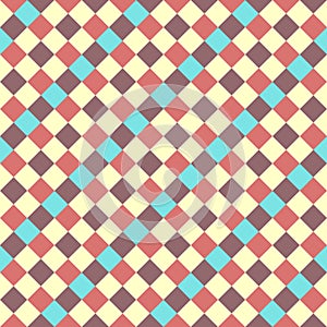 Blue Yellow Burgundy Scarlet Seamless Diagonal French Checkered Pattern. Inclined Colorful Fabric Check Pattern Background. 45
