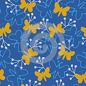 Butterfly shape and silhouette cute blue pattern, repeat seamless vector pattern tile.