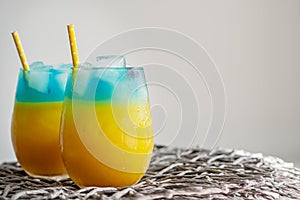 Blue and yellow cocktails like the flag of Ukraine. Two patriotic cocktails, victory concept