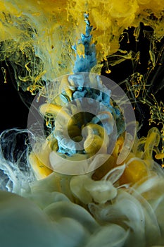 Blue and yellow color liquids injected underwater.