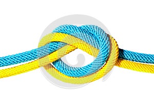 Blue and yellow cords knotted together isolated