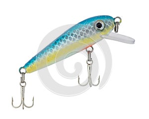 Blue and yellow crankbait angling up